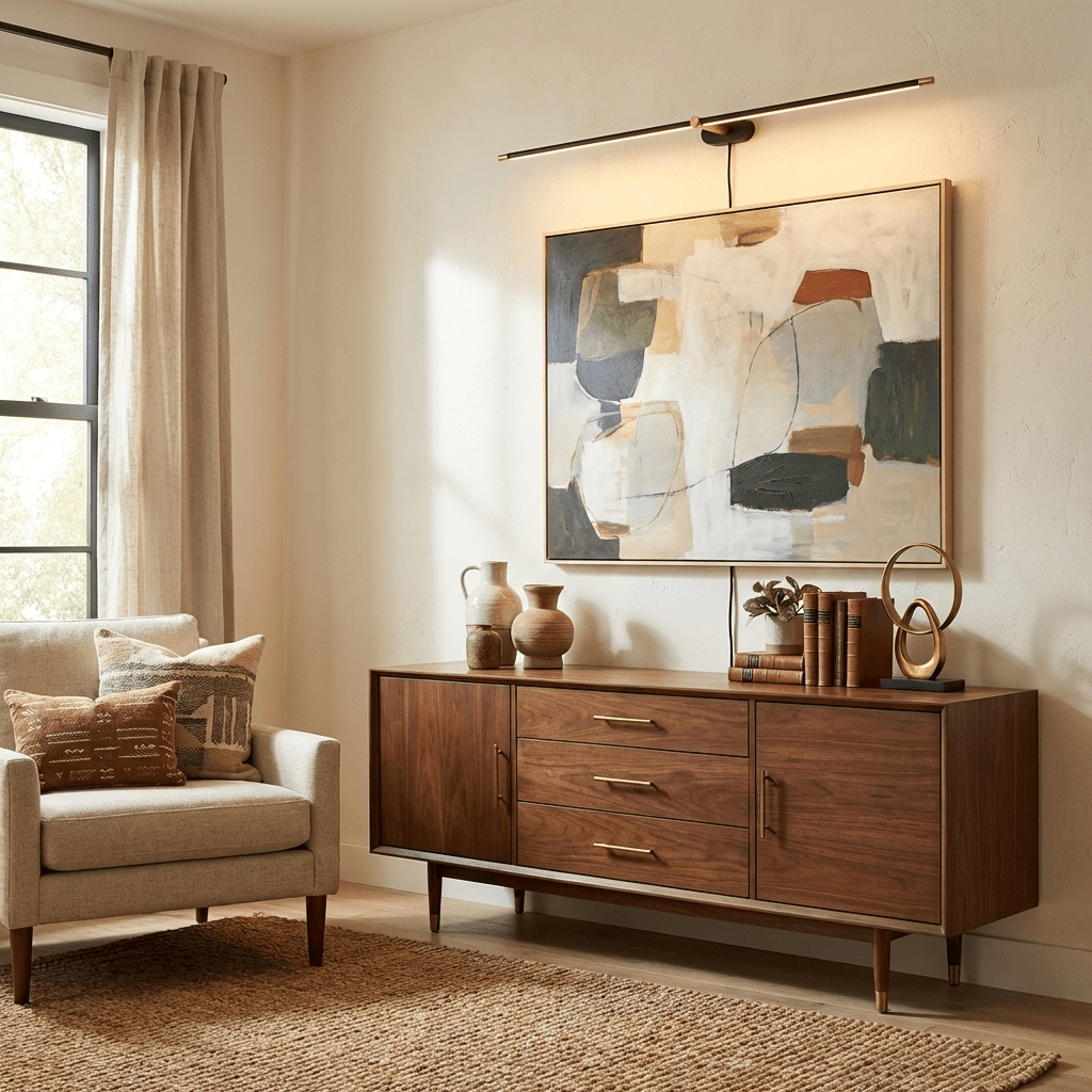 Minimalist linear wall lamp shown in a styled room