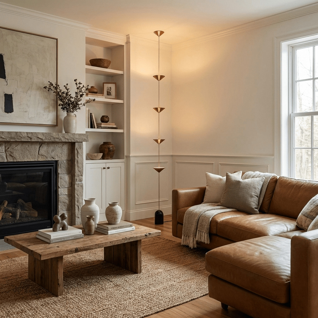 Floor lamp with adjustable conical shades in a soft-lit room