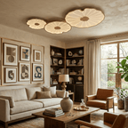 Lotus leaf ceiling light leaf-shaped form against a pale ceiling
