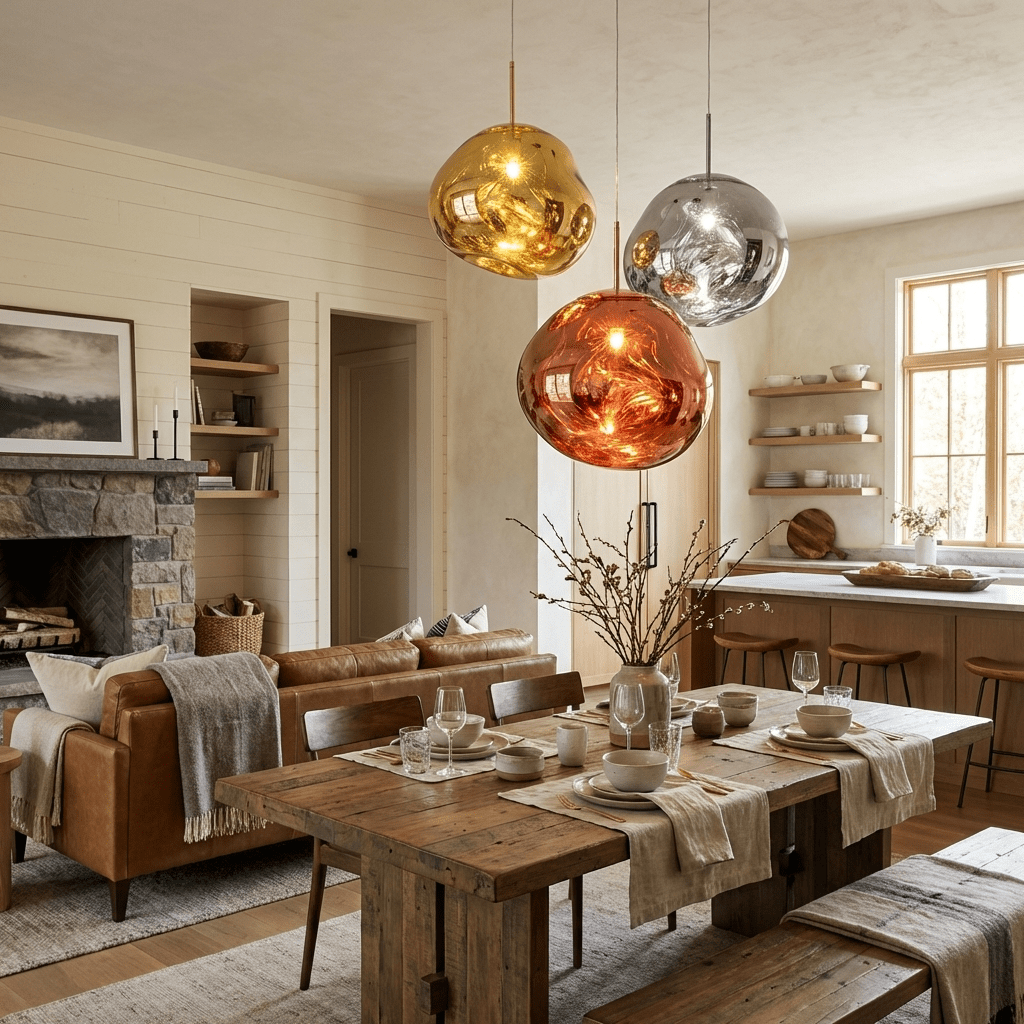 Pendant lamp shade comparison showing lit and unlit looks