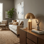 Sculptural metal table lamp shown with dimensions noted