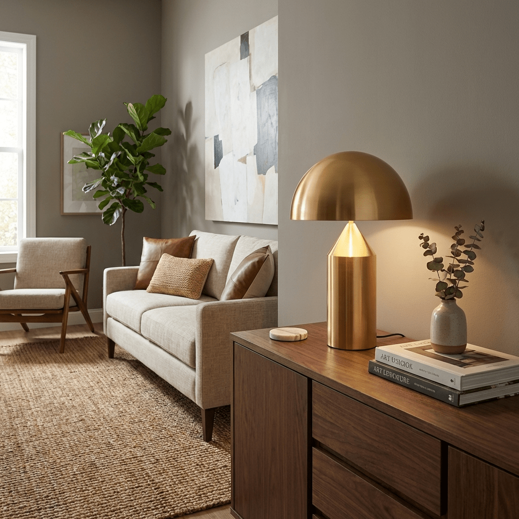 Sculptural metal table lamp shown with dimensions noted