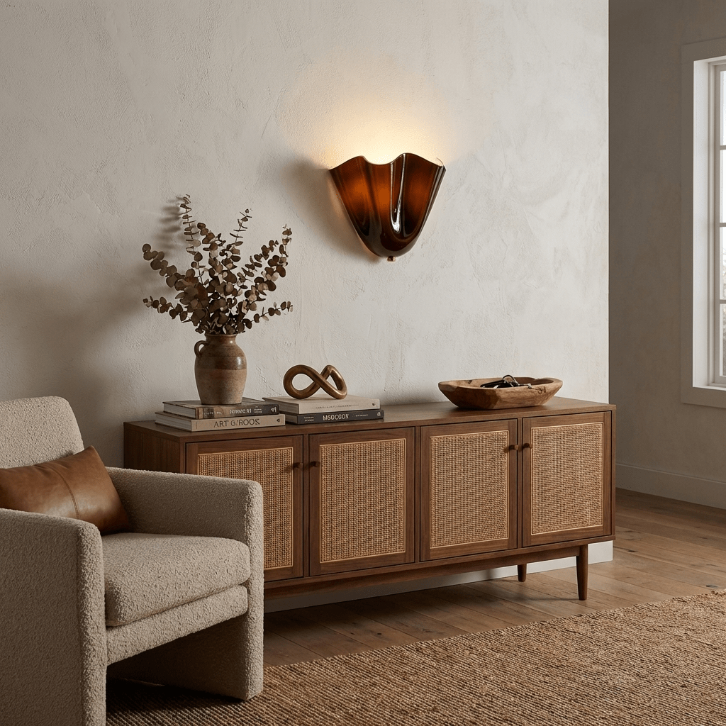 Petalia wall sconce brown glass shade lit with warm ambient light
