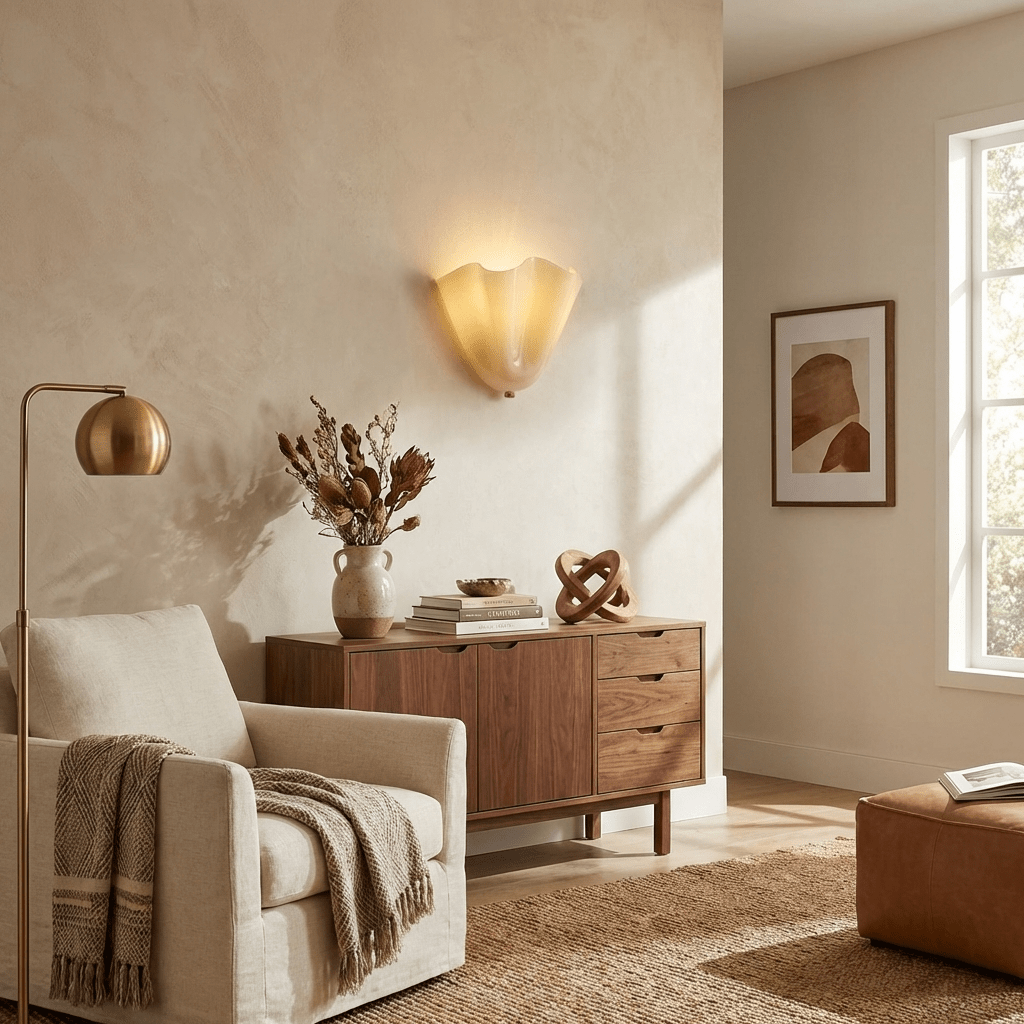 Petalia wall sconce amber finish mounted on a styled wall