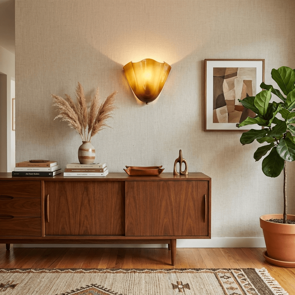 Petalia wall sconce beige petal shade glowing in a soft interior