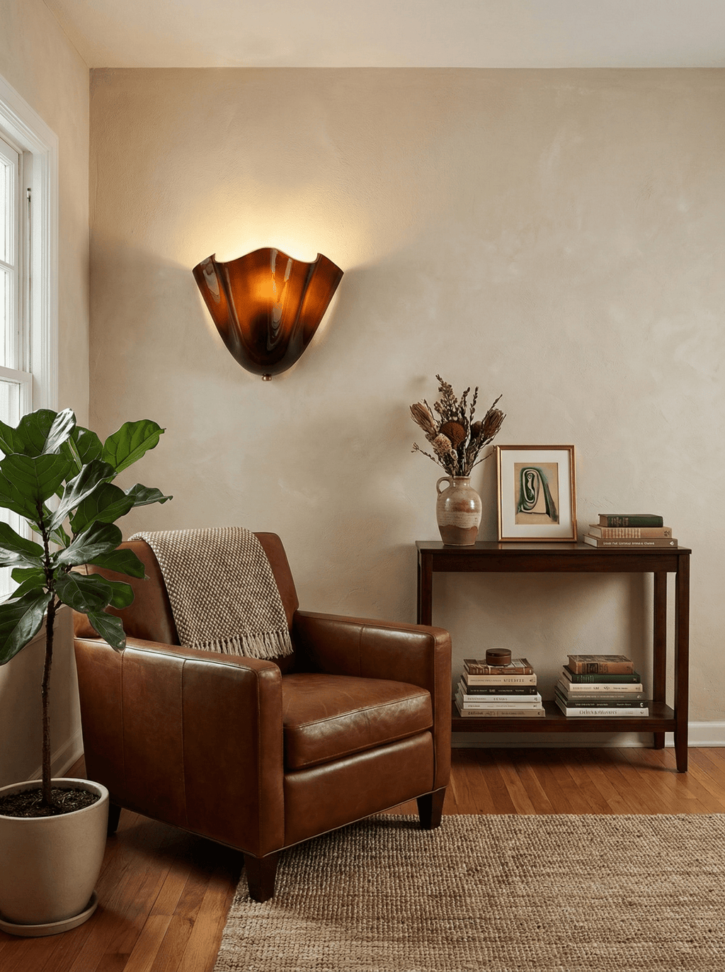 Petalia wall sconce green glass shade glowing against a pale wall