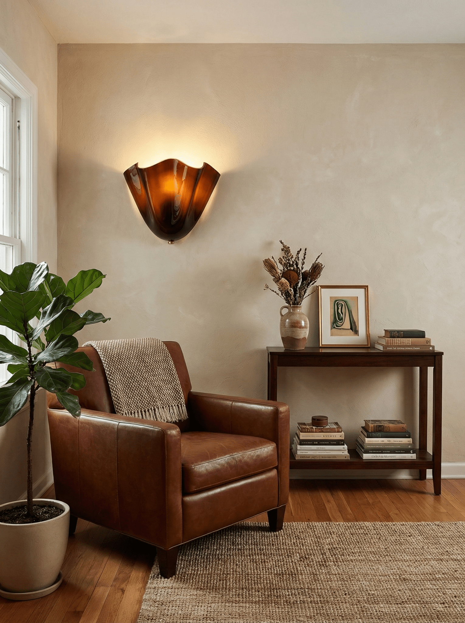 Petalia wall sconce green glass shade glowing against a pale wall