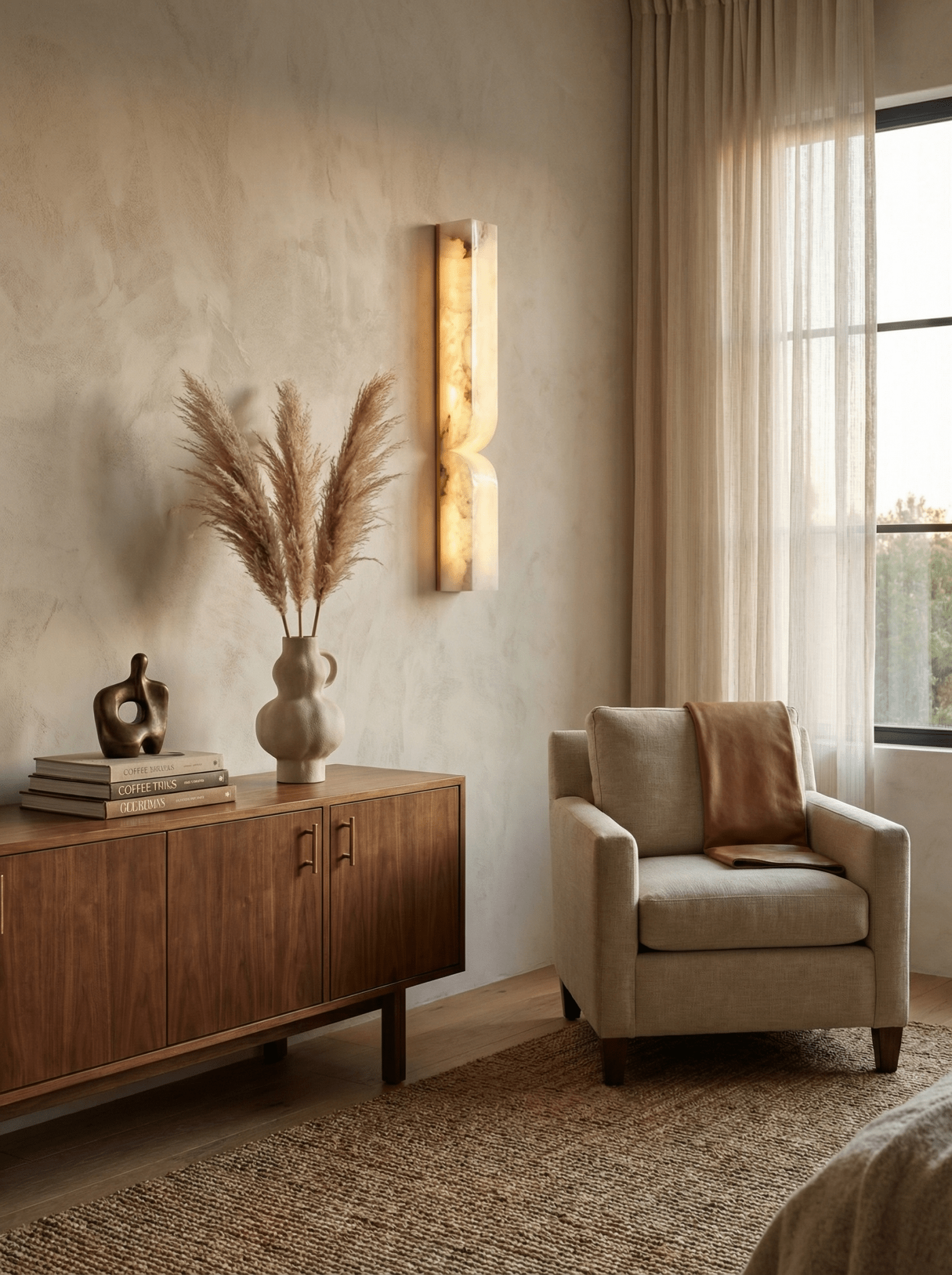Solid carved alabaster sconce with warm sculptural ambient glow