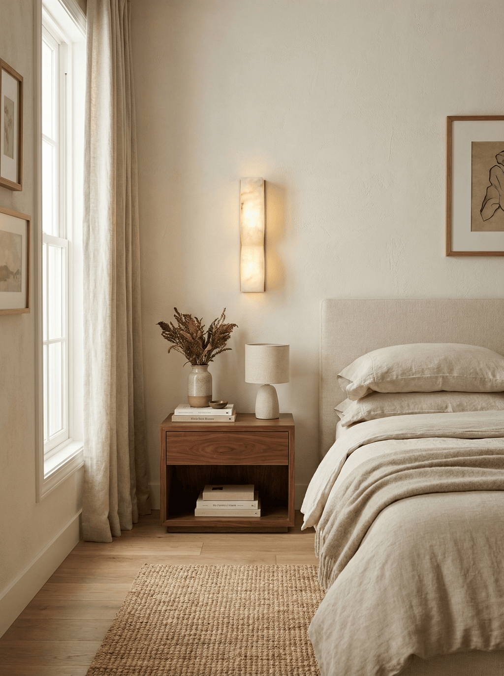 Carved alabaster sconce glowing warmly in a calm interior space