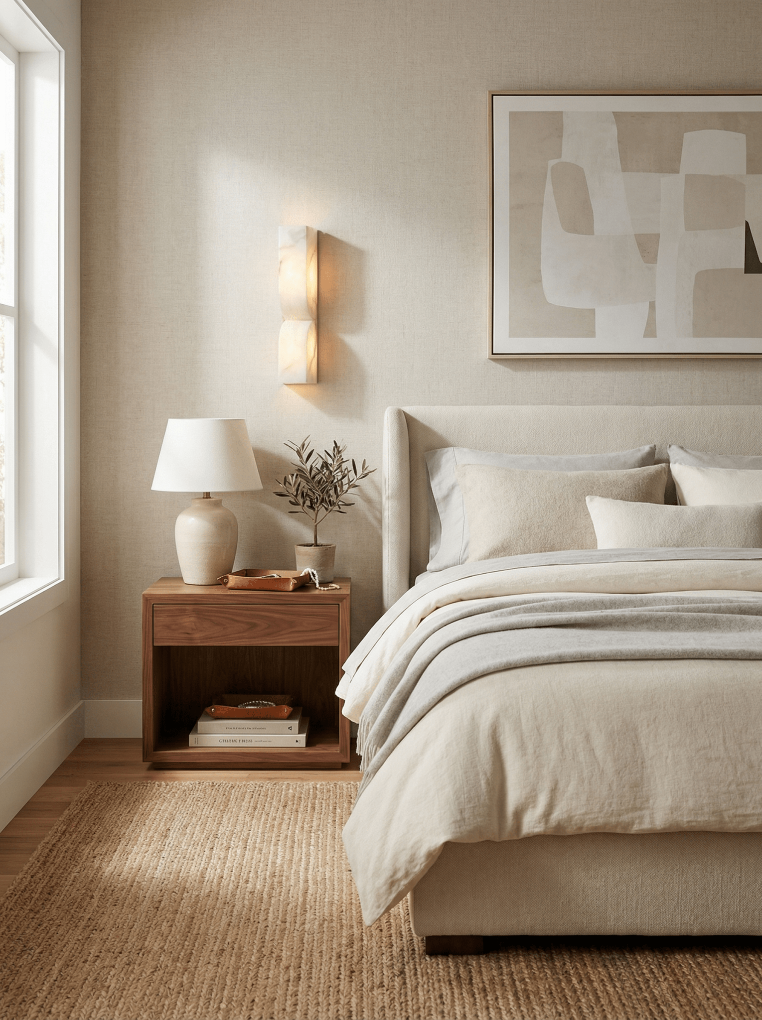 Alabaster wall light with black finish and soft warm light