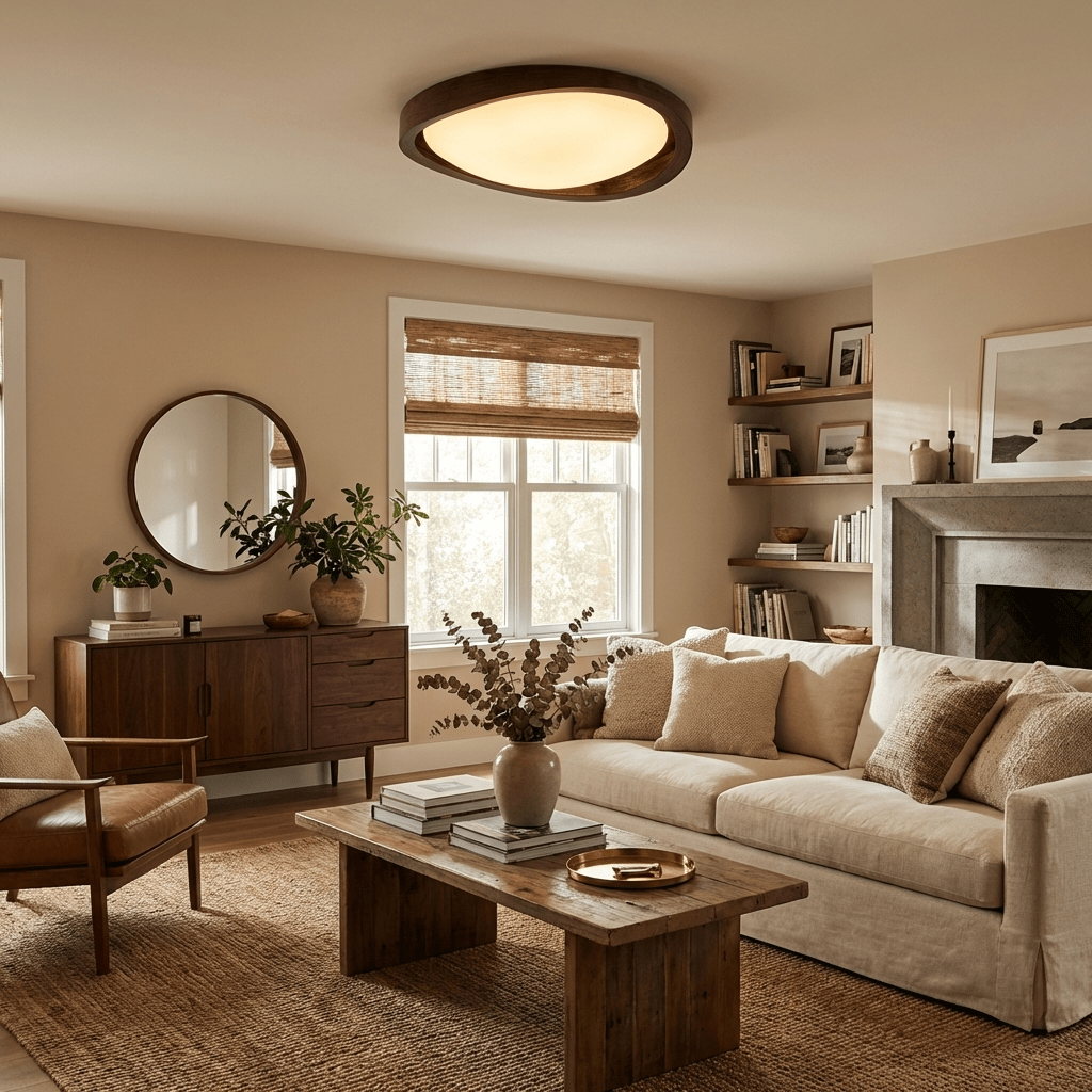 Walnut curved edge ceiling light shown from an angled view
