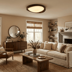 Walnut curved edge ceiling light shown from an angled view