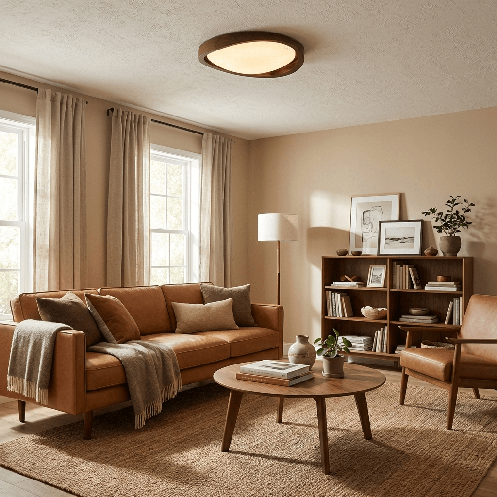 Wooden flush mount ceiling light detail showing the curved rim