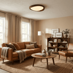 Wooden flush mount ceiling light detail showing the curved rim