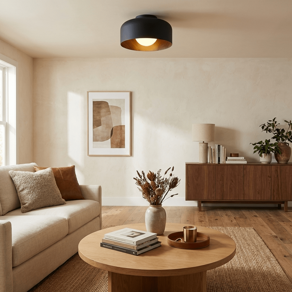 White globe light showing warm wood-grain interior