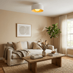 Round white glass ceiling light with wood-grain accent