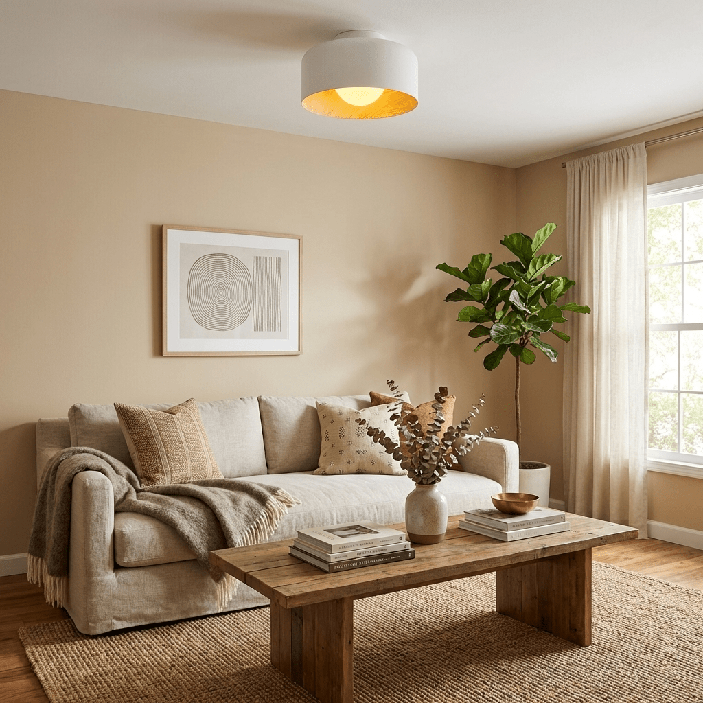 Round white glass ceiling light with wood-grain accent