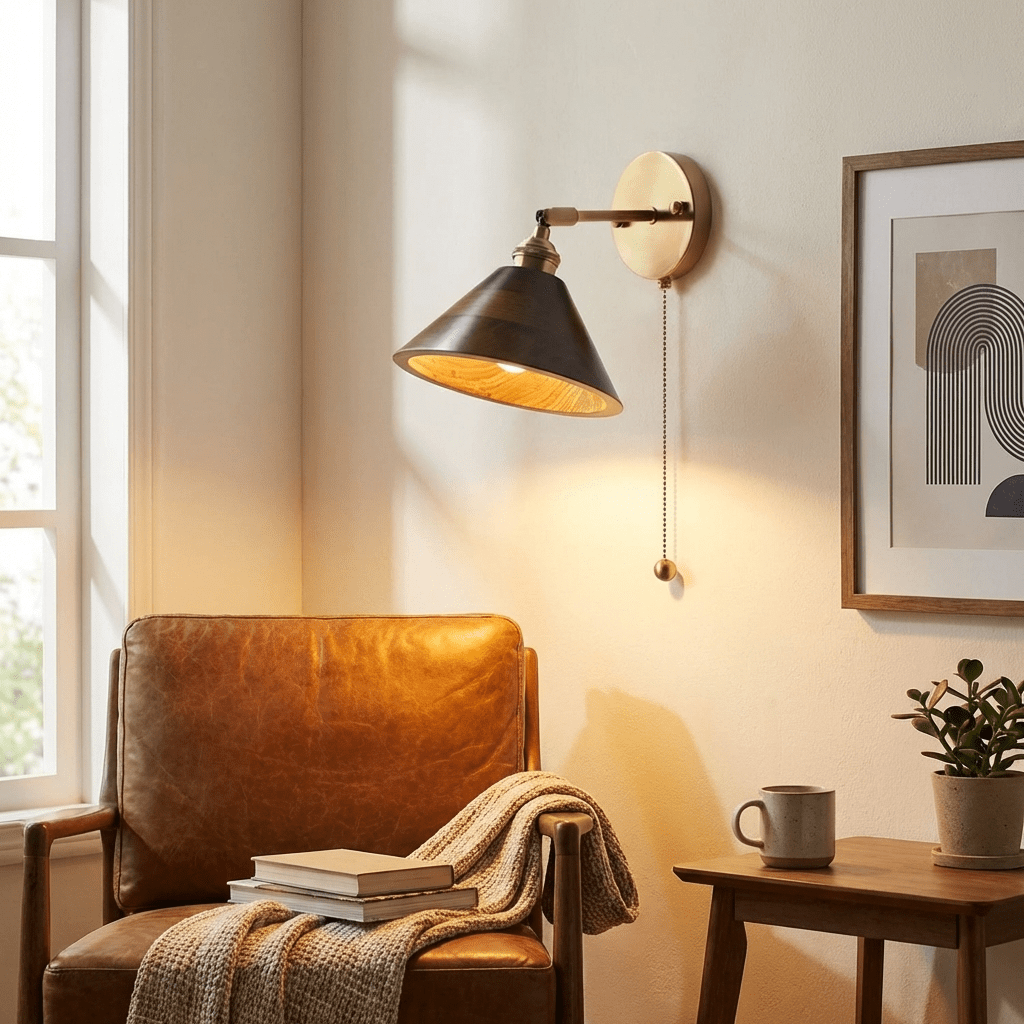 Wall sconce dimensions diagram showing walnut wood body