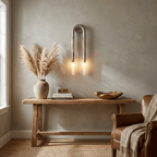 Close view of the white glass shade on the horsehair wall lamp