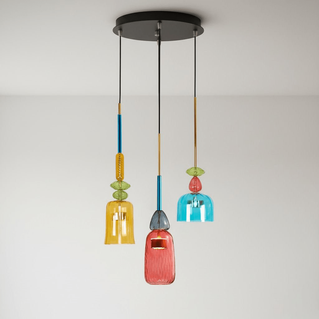 A coral Clérachic pendant shade hangs lowest in front of amber and teal companions beneath this round black ceiling plate, in a room corner.