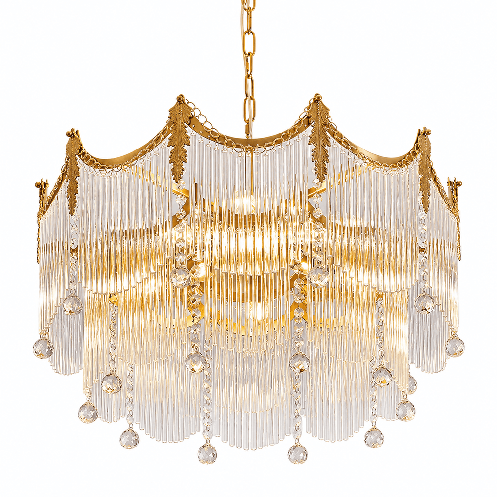 Copper chandelier with clear glass shades shown against a soft neutral backdrop