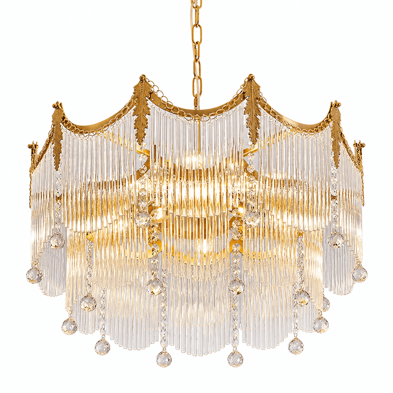 Copper chandelier with clear glass shades shown against a soft neutral backdrop