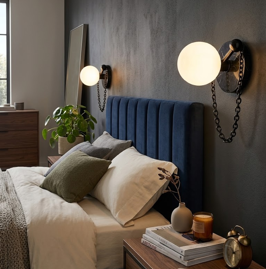 A pair of Clérachic globe sconces flank a full-length mirror above a navy-headboard bed in a charcoal-walled bedroom.