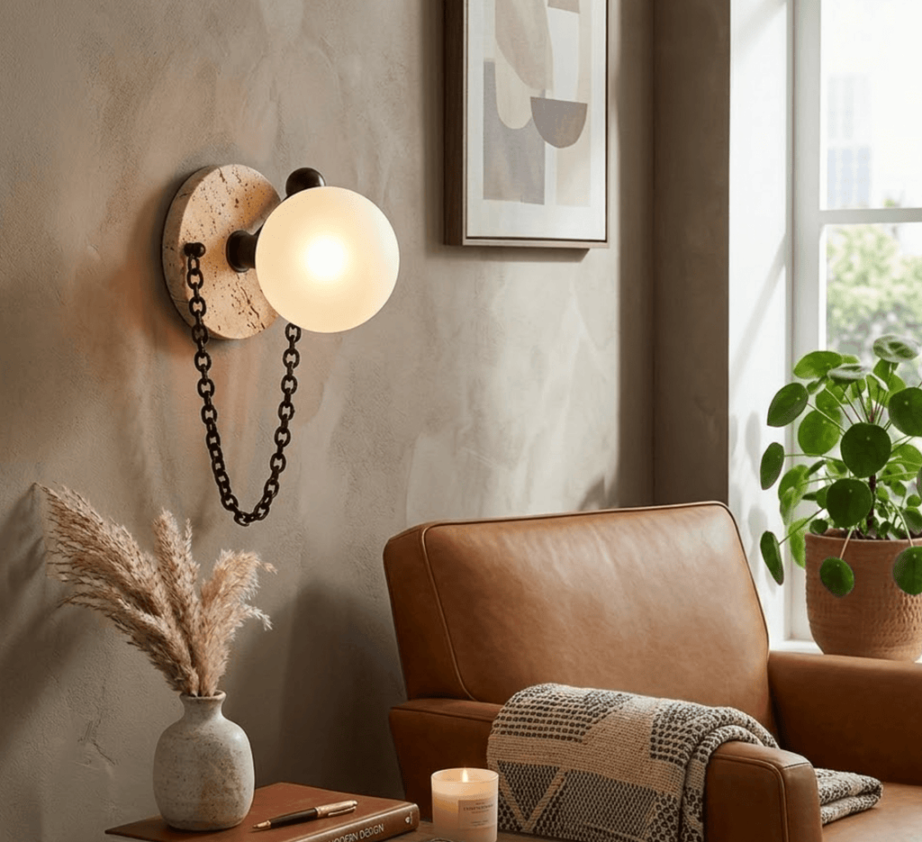The Clérachic sconce glows on a warm plaster wall above a tan leather armchair, beside a potted plant and folded throw.