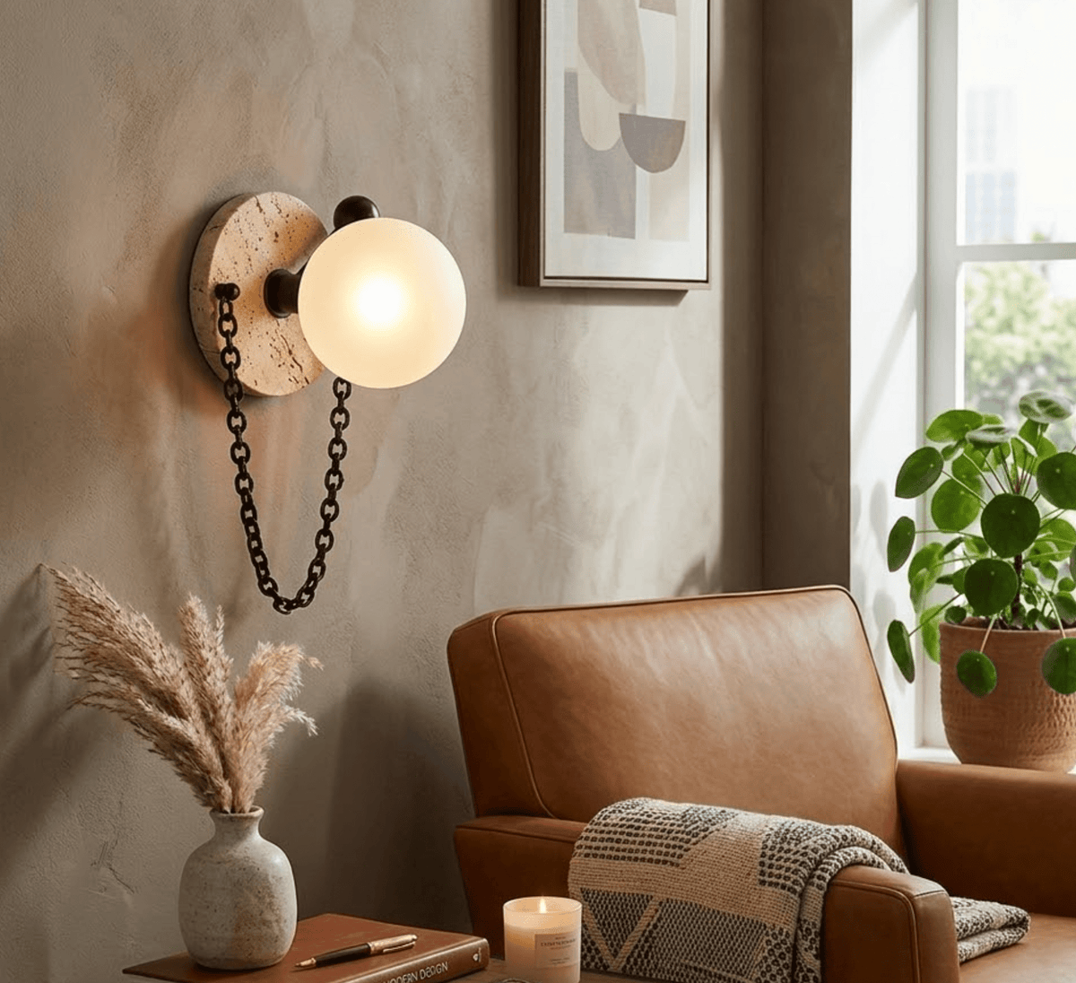 The Clérachic sconce glows on a warm plaster wall above a tan leather armchair, beside a potted plant and folded throw.