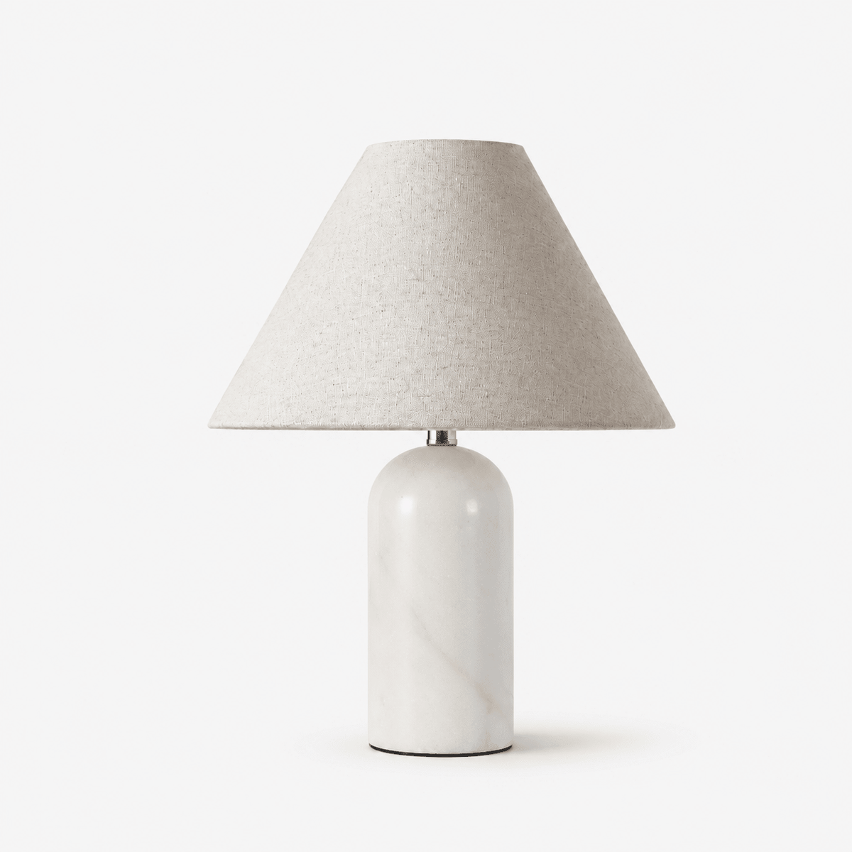 Clérachic linen-shade lamp on a solid white marble column, photographed alone against a plain backdrop.