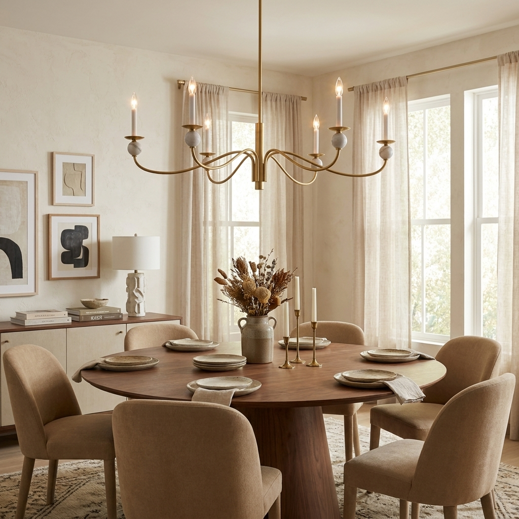 Above a round wood table with a pampas grass arrangement, this Clérachic chandelier in brushed brass lights a room lined with framed art.