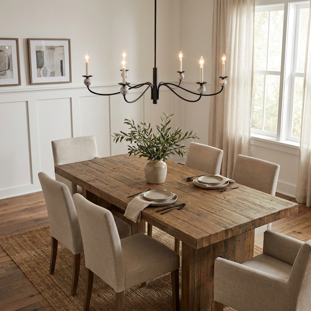Above a rustic wood table set for a meal, this Clérachic chandelier in matte black lights a dining room with wainscoted walls.