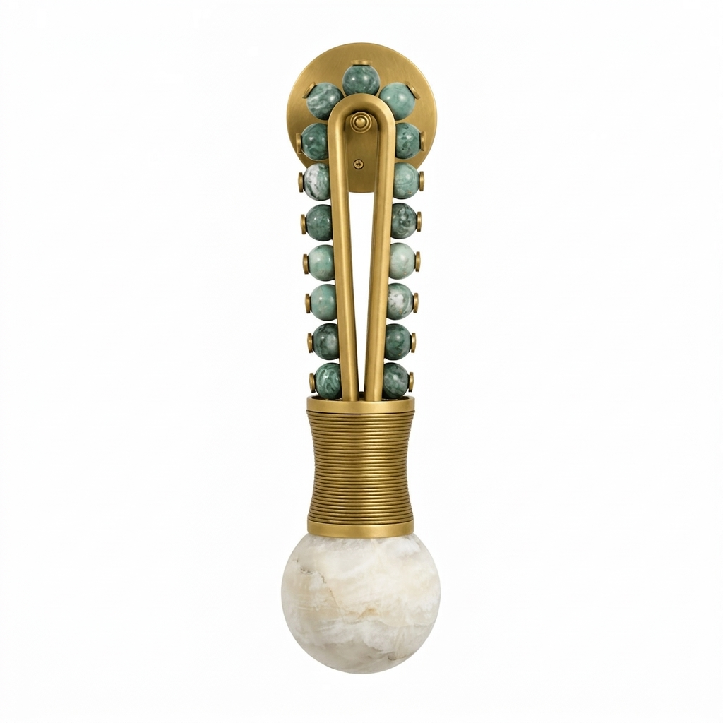 Isolated against white, this Clérachic wall light pairs a brass frame with teal-green beads and a brass-wrapped base.