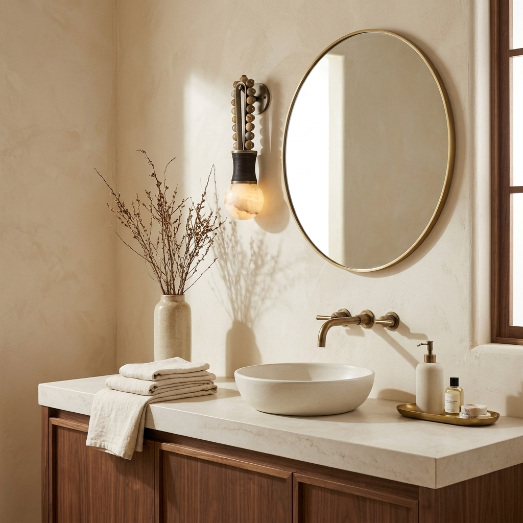 Beside a round brass-framed mirror, this Clérachic wall light lights a plaster-walled powder room.