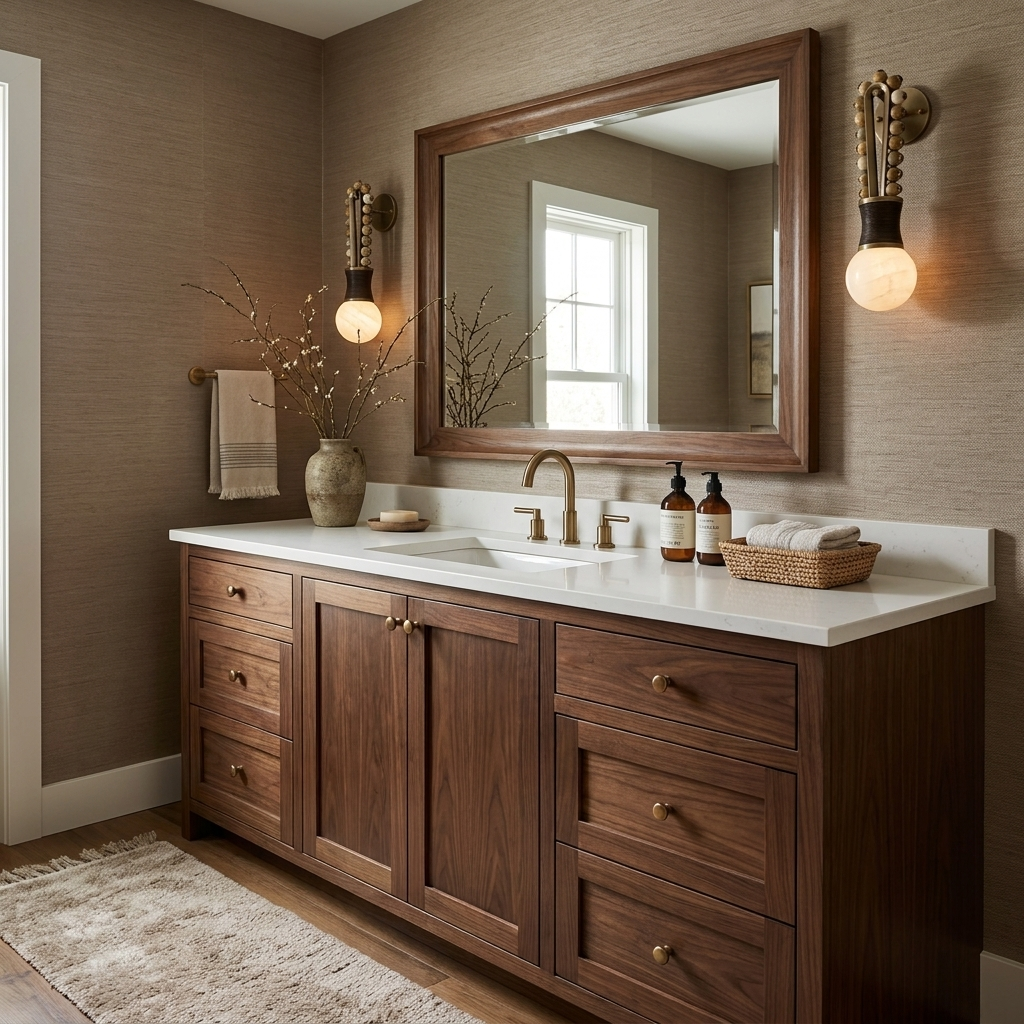 Flanking a wood-framed mirror above a walnut vanity, this Clérachic wall light glows on either side in a beaded bronze finish.