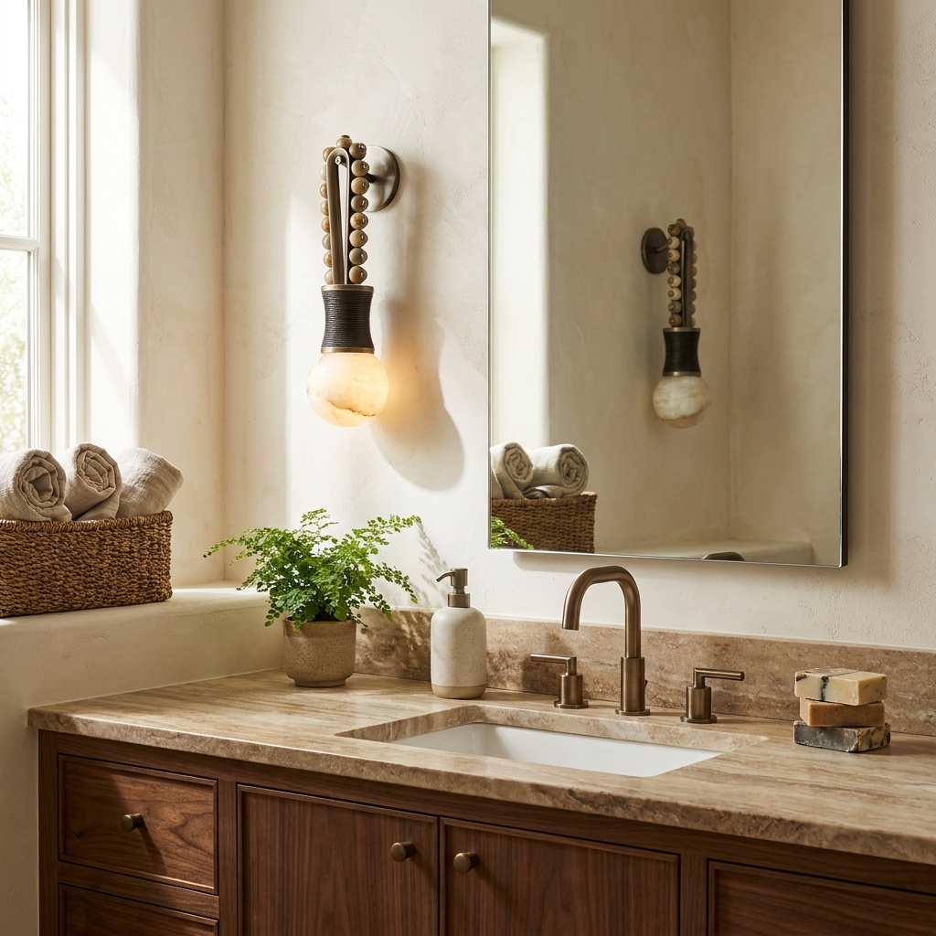 Mirrored above a stone vanity counter, this Clérachic wall light hangs beside a small potted fern.