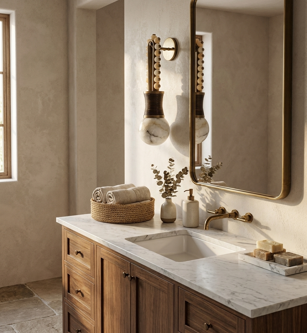 Reflected in a mirror above a marble-topped vanity, this Clérachic wall light glows beside a woven basket of towels.