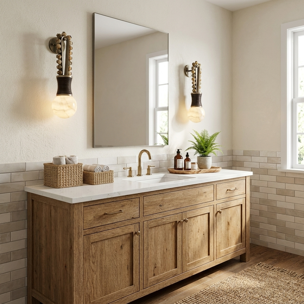 Flanking a mirror above a light wood vanity with subway tile, this Clérachic wall light casts a soft glow on either side.