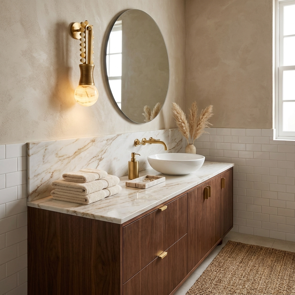 Beside a round mirror above a marble vessel sink, this Clérachic wall light glows in a bathroom with subway tile walls.