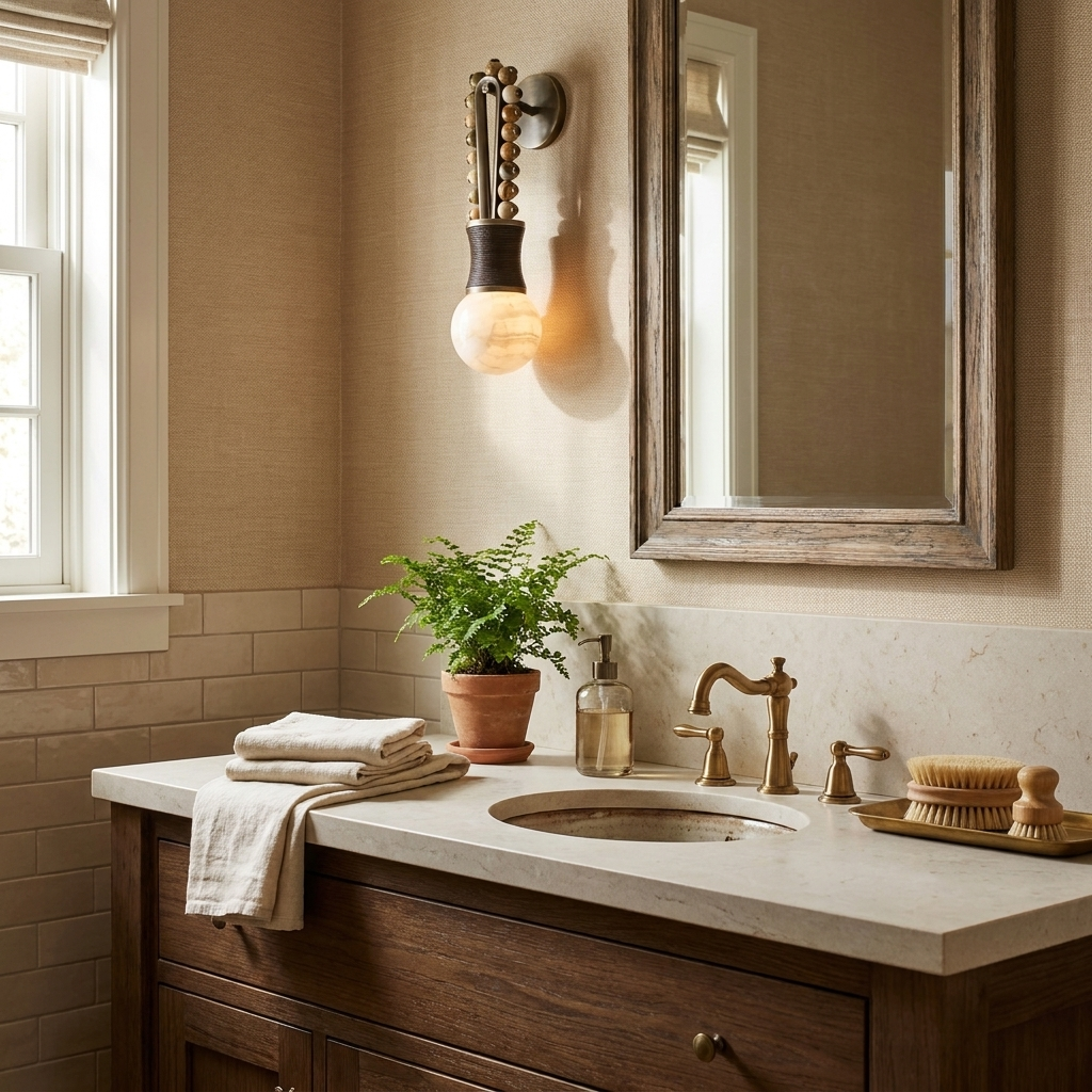 Near a wood-framed mirror and a potted fern, this Clérachic wall light lights a vanity with brass fixtures.