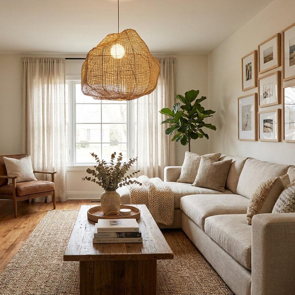 In a living room corner, this Clérachic pendant hangs above a beige sectional sofa near a gallery wall.