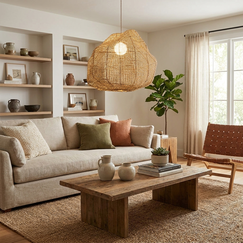 This Clérachic pendant hangs above a wood coffee table near a cream sofa with colourful cushions.