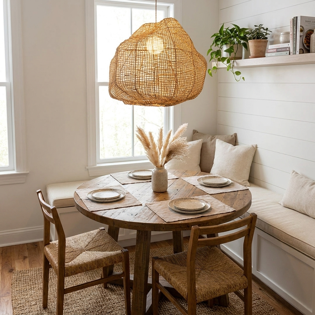 This Clérachic pendant's boulder-like rattan form hangs above a round breakfast table in a window nook.