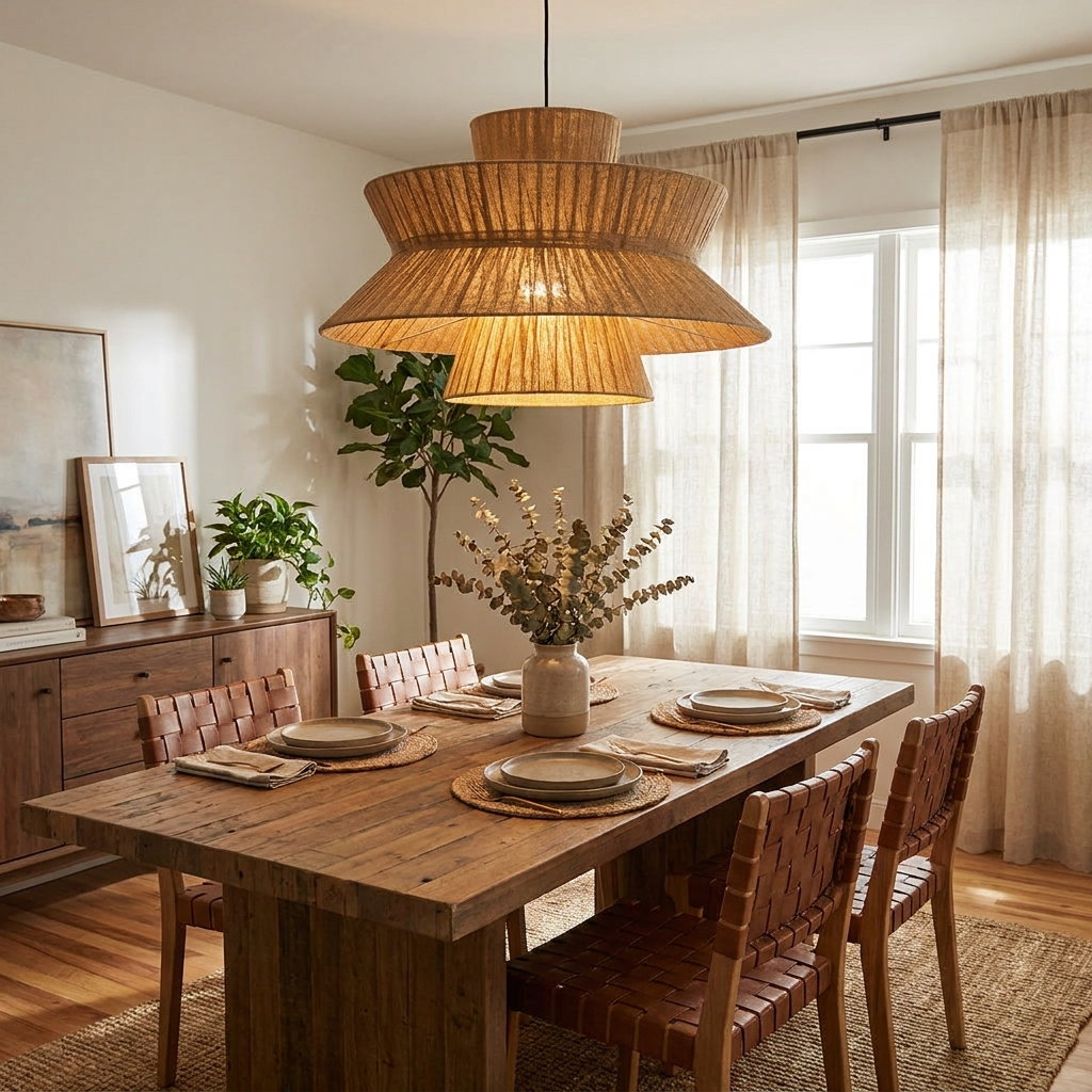 In a dining room with sheer curtains and a potted plant, this Clérachic pendant lights a table set with leather-backed chairs.