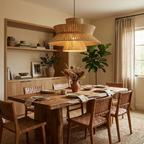 Between open shelving and a fiddle-leaf fig, this Clérachic pendant hangs above a long table dressed with pampas grass.