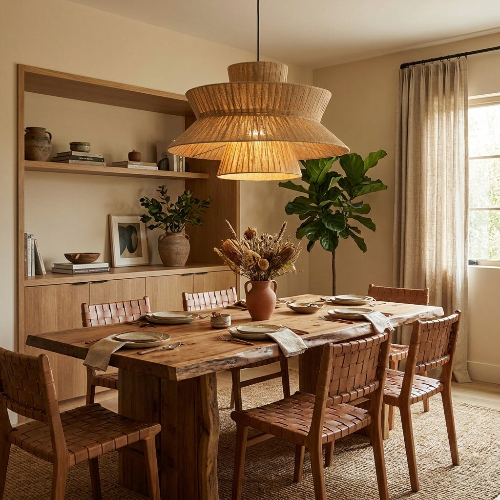 Between open shelving and a fiddle-leaf fig, this Clérachic pendant hangs above a long table dressed with pampas grass.