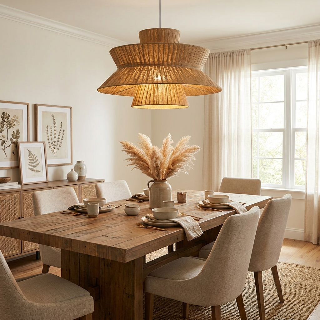 Framed by botanical prints and a vase of pampas grass, this Clérachic pendant lights a table surrounded by linen chairs.