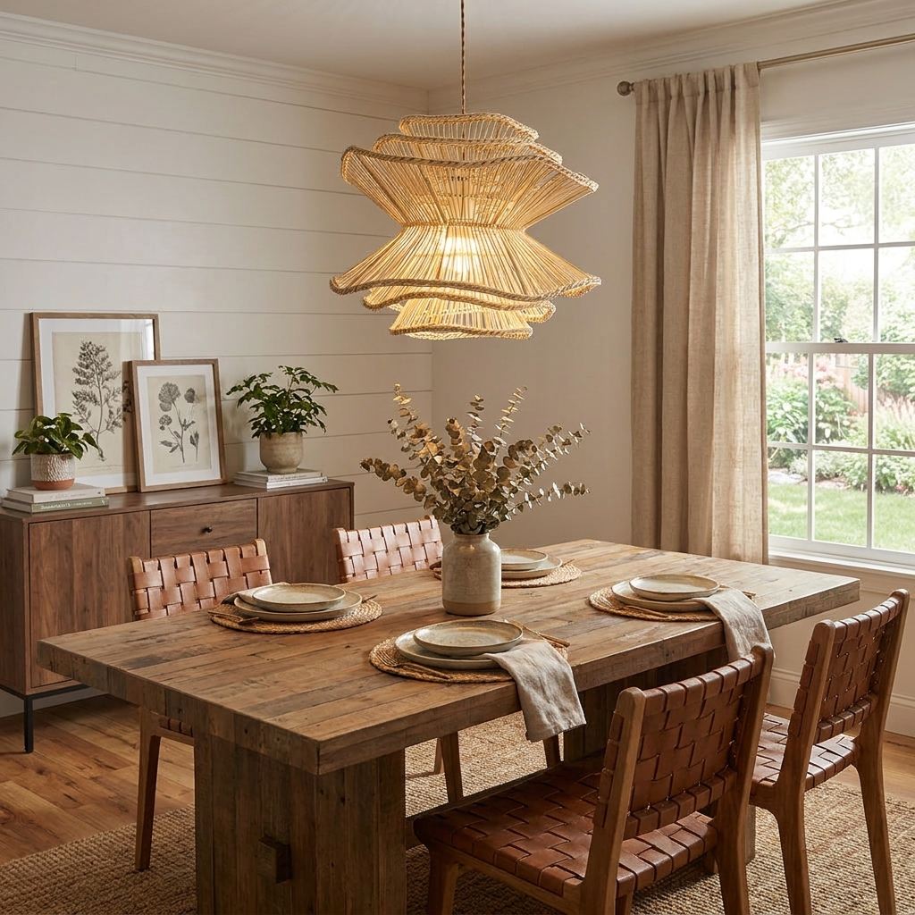 Beside a shiplap wall hung with botanical prints, this Clérachic pendant lights a table set with leather-backed chairs.