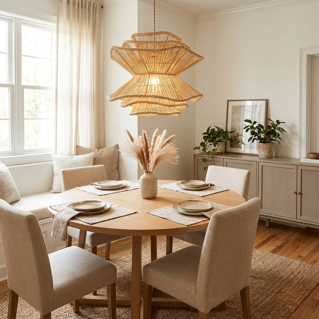 In a window-seat dining nook set for four, this Clérachic pendant hangs above a round table near a vase of pampas grass.