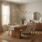 This gold Clérachic chandelier, without lampshades, hangs above a dining table near a round mirror and wood sideboard.